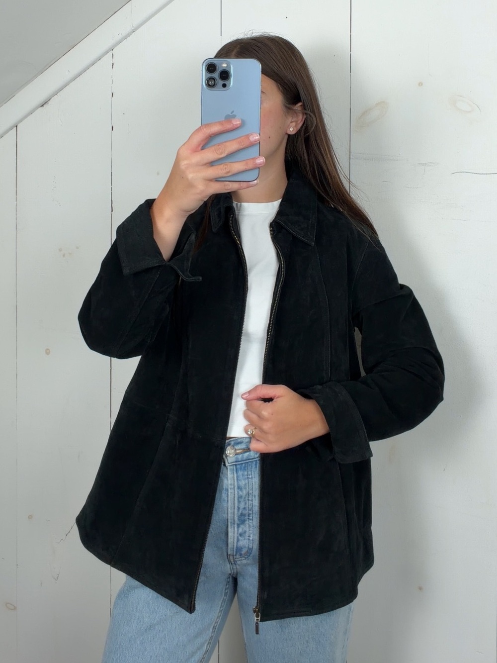 Vintage Black Suede Leather Full Zip Jacket Women’s Medium Lightweight 90s Y2K